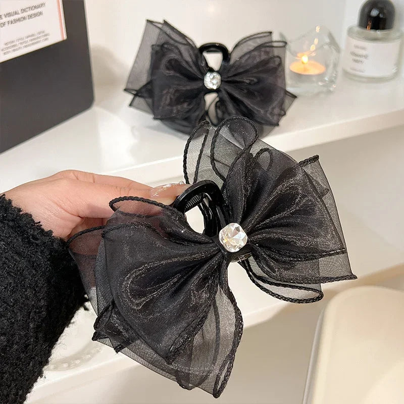 Korea Sweet Mesh Tulle Big Bow Hair Claw Clips for Women White Black Bowknot Hair Clamp Hairpin Headdress Accessories Shark Clip