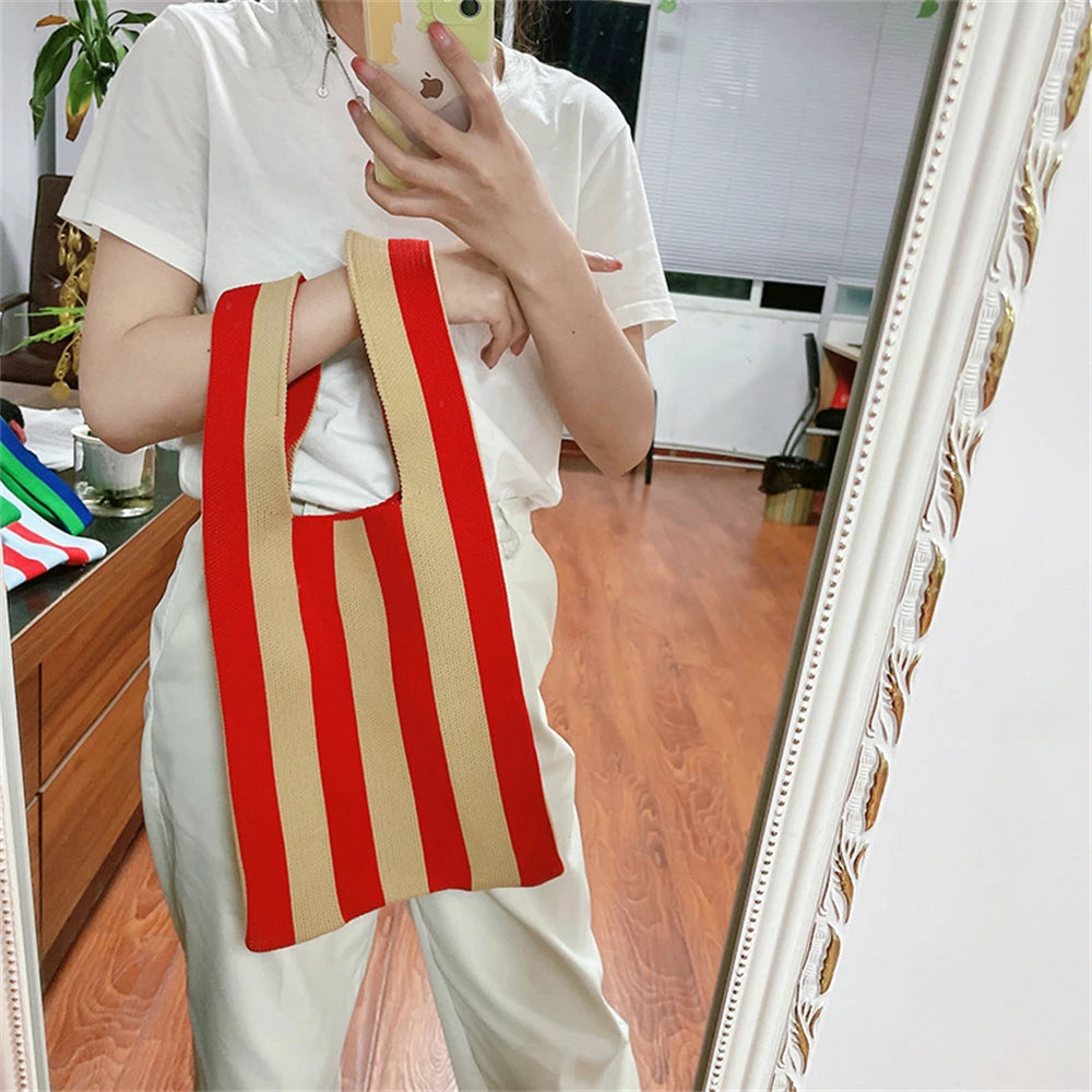 Striped Knitting Tote Bags Women's Shoulder Bag Fashion Hollow Out Tote Ladies Female Woven Shopper Purse Lady Crossbody Handbag