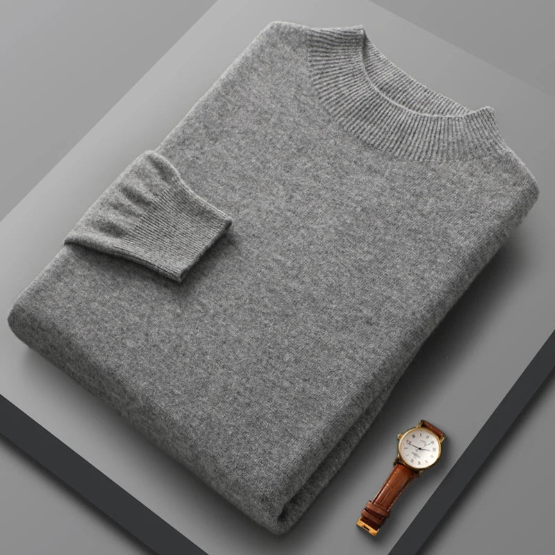 This men's pullover is crafted from 100% pure wool and features a high neck and knitted long sleeves. It's a basic solid color sweater that embodies casual fashion and serves as a versatile top for men