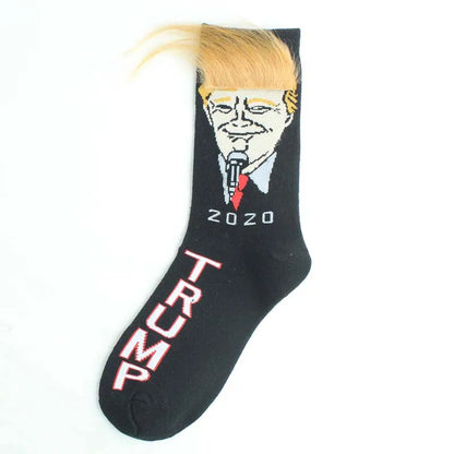 Spoof Funny President Donald Trump Socks With 3D Fake Hair Crew Socks Mens Compression Socks Streetwear Hip Hop