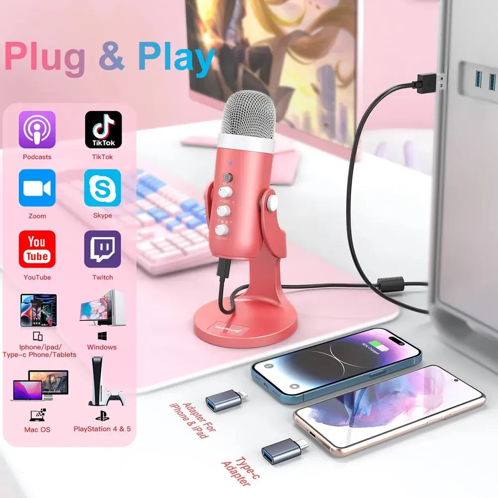 USB condenser microphone in pink, suitable for studio recording, gaming, streaming, podcasting, and vocals on various devices such as PC, Mac, computers, phones, laptops, and desktops.