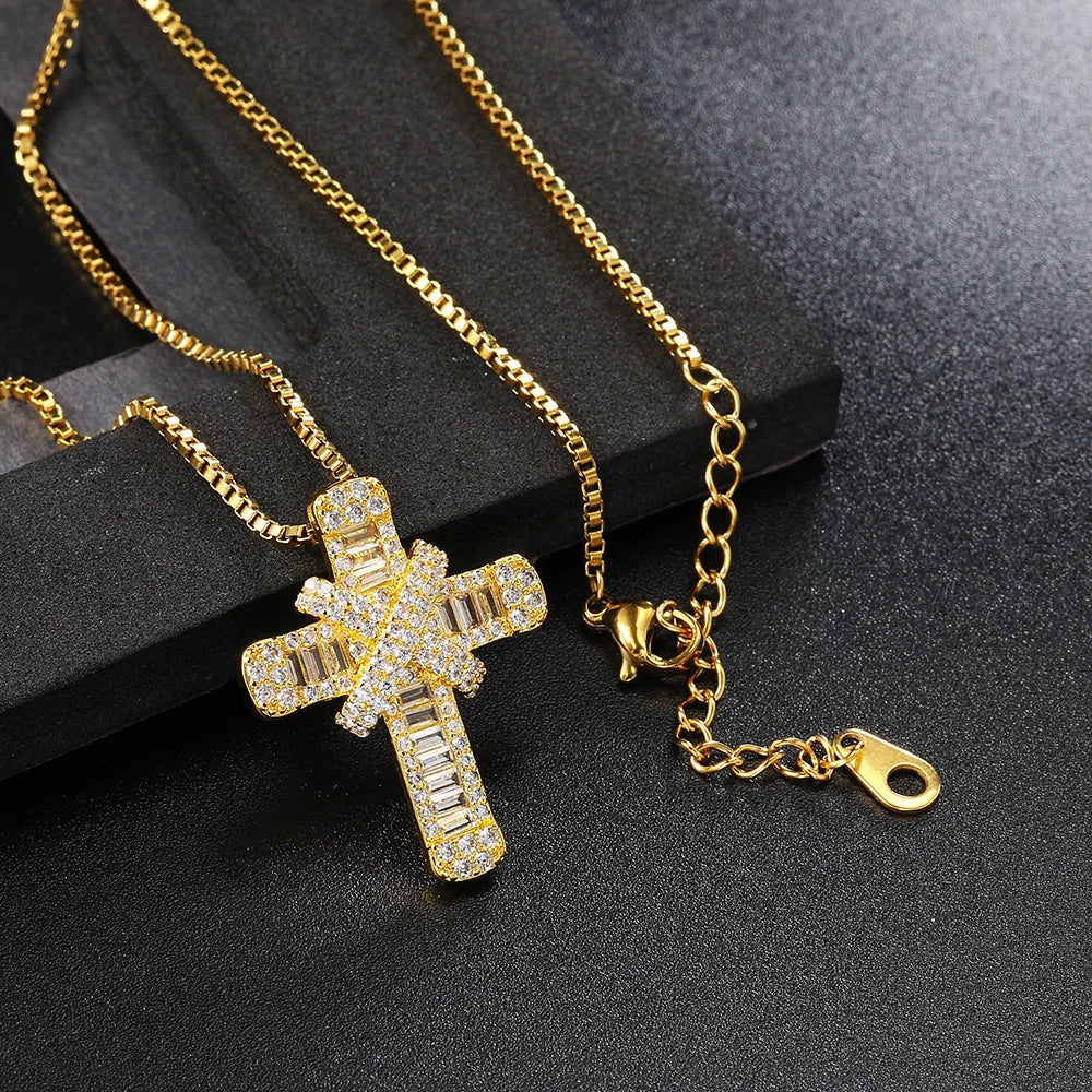 Iced Out Pendants Cross Necklaces for Women Hip Hop Gold Color Zircon Neck Chain Streetwear Hippie Jewelry Christmas Gift OHP142