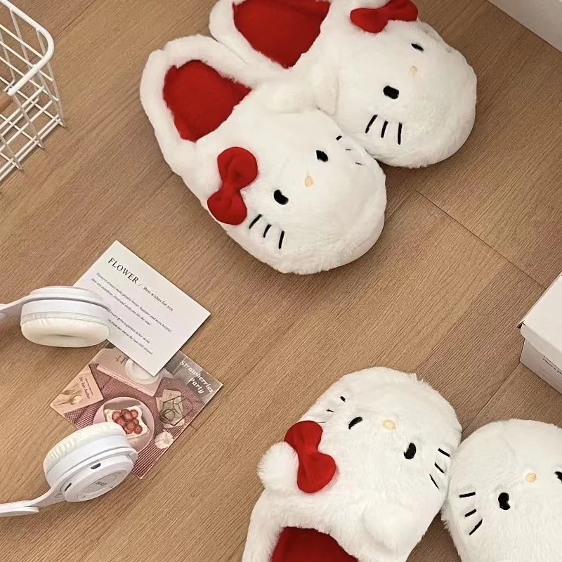 Sanrio Plush Slippers Hello Kittys Kawaii Cute Student Autumn Winter Bedroom Soft Padded Plush Bedroom Aldult Shoes Girls Xmas