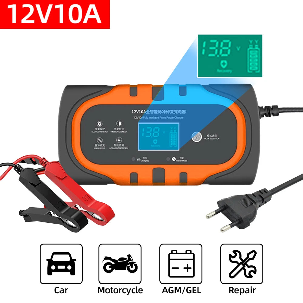 Intelligent Car Motorcycle Battery Charger with LCD Display, 12V, Equipped with Multiple Protections against Overheating and Overcharging. Includes Car Charger Accessories.