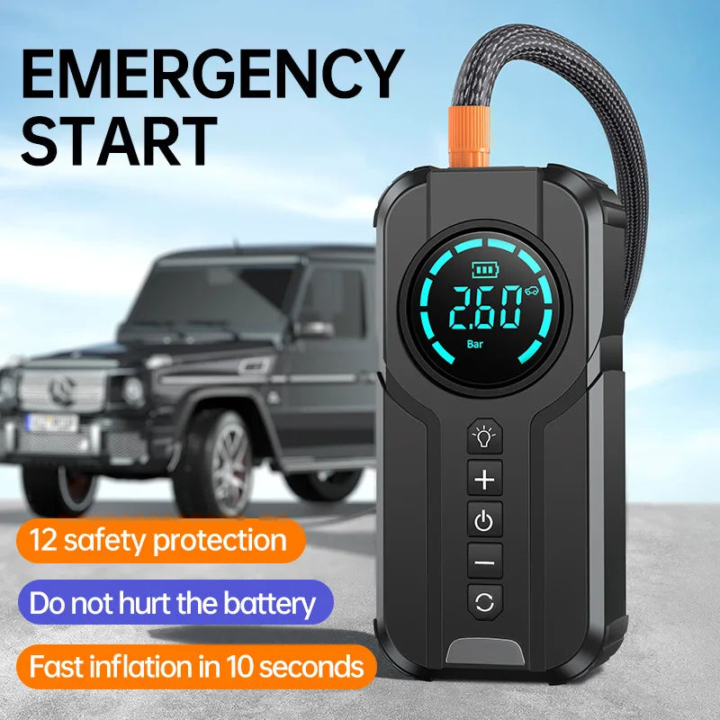 Portable Power Station: 4-in-1 Car Jump Starter, Air Compressor Inflator Pump, 1000A Car Battery Charger Booster, with an 8400mAh Power Bank.