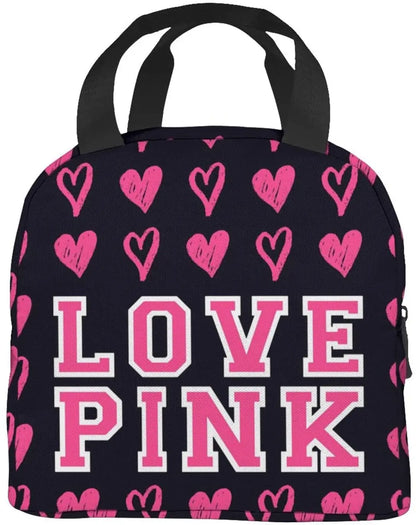 Love Pink Women Insulated Lunch Bag Strawberry Milk Reusable Cooler Lunch Tote Box, Boys Girls Cute Container Lunch Portable Bag