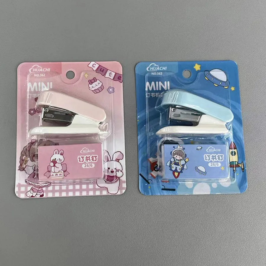 Mini Stapler with Staple Remover & Staples Set with Cute Dog Cartoon Pink Blue