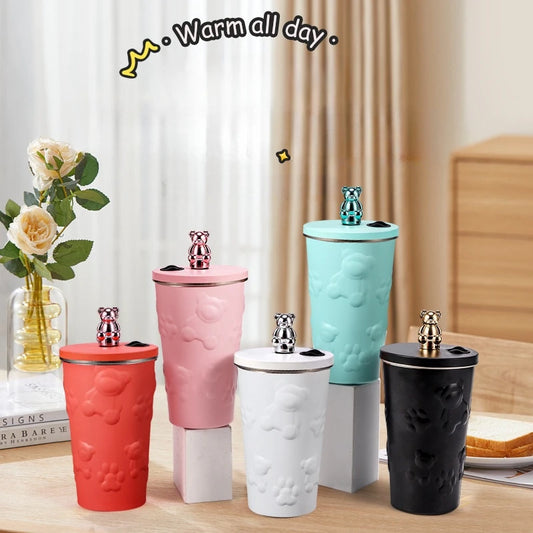 600ml Cute Bear 304 Stainless Steel Coffee Thermos Double Wall Vacuum Insulation with Straw Outdoor Water Bottle Car Cup