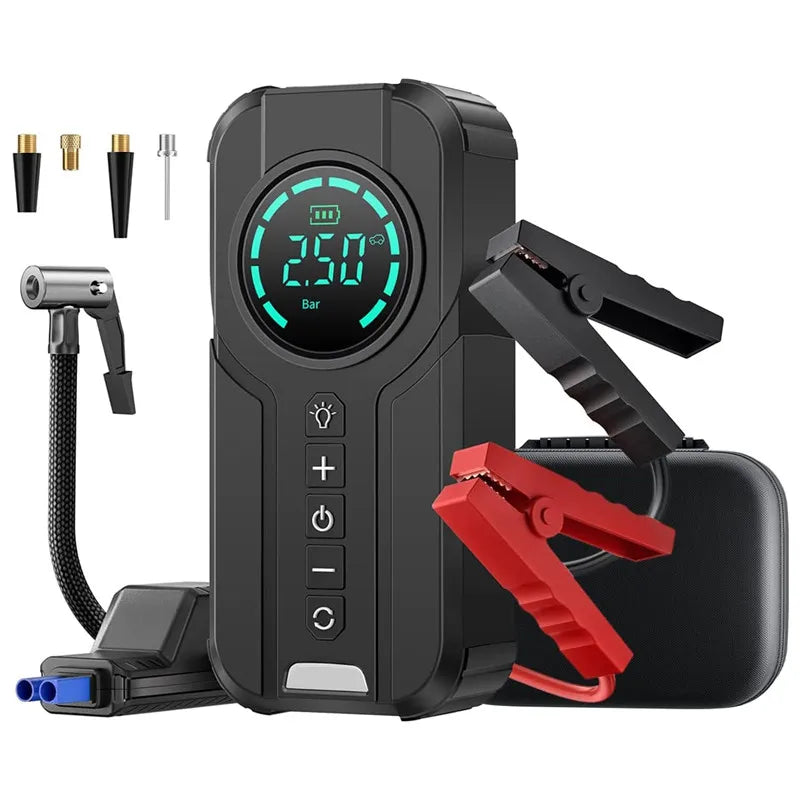 Portable Power Station: 4-in-1 Car Jump Starter, Air Compressor Inflator Pump, 1000A Car Battery Charger Booster, with an 8400mAh Power Bank.