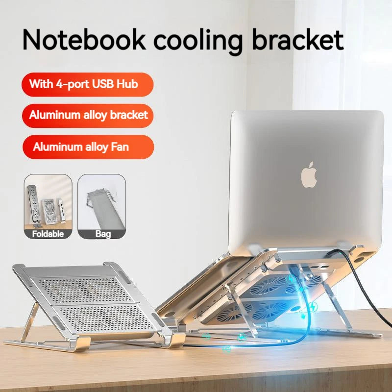 Aluminum Alloy Laptop Stand with Cooling Fan Lift Foldable Notebook Holder with Usb Splitter Hub Docking for Laptops Under 17 In