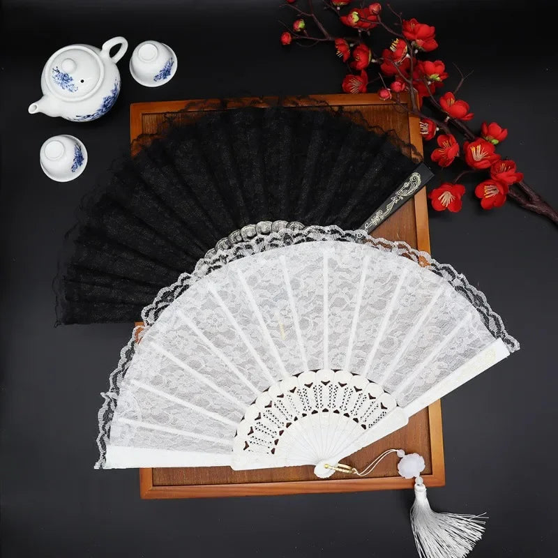 Luxury White Lace Folding Fan Double-layered Plastic Wedding  Home Decorative Fan Ancient Bride Hand Fan