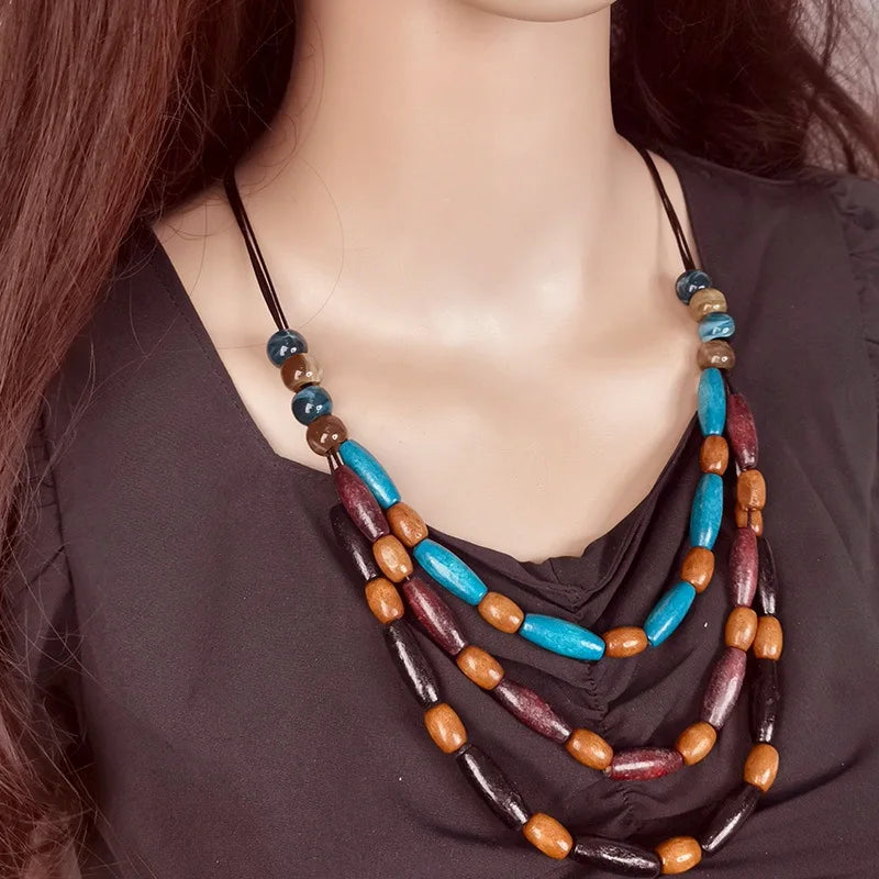 Bohemian Ethnic Wood Beads Multi Layers Necklaces Pendants Handmade Vintage Necklace for Women Daily Wear Fashion Jewelry