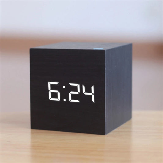 Square Digital LED Alarm Clock Wood Retro Glow Clock Desktop Table Decor Voice Control Snooze Function Desk Clock