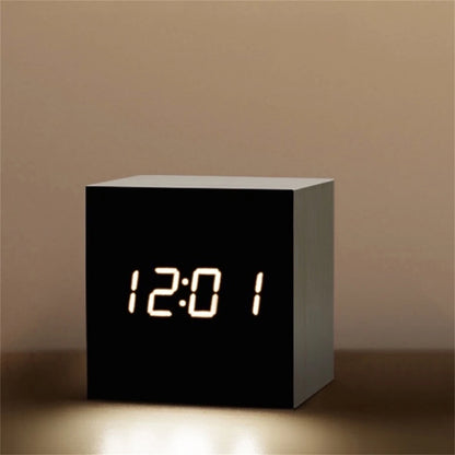 Square Digital LED Alarm Clock Wood Retro Glow Clock Desktop Table Decor Voice Control Snooze Function Desk Clock