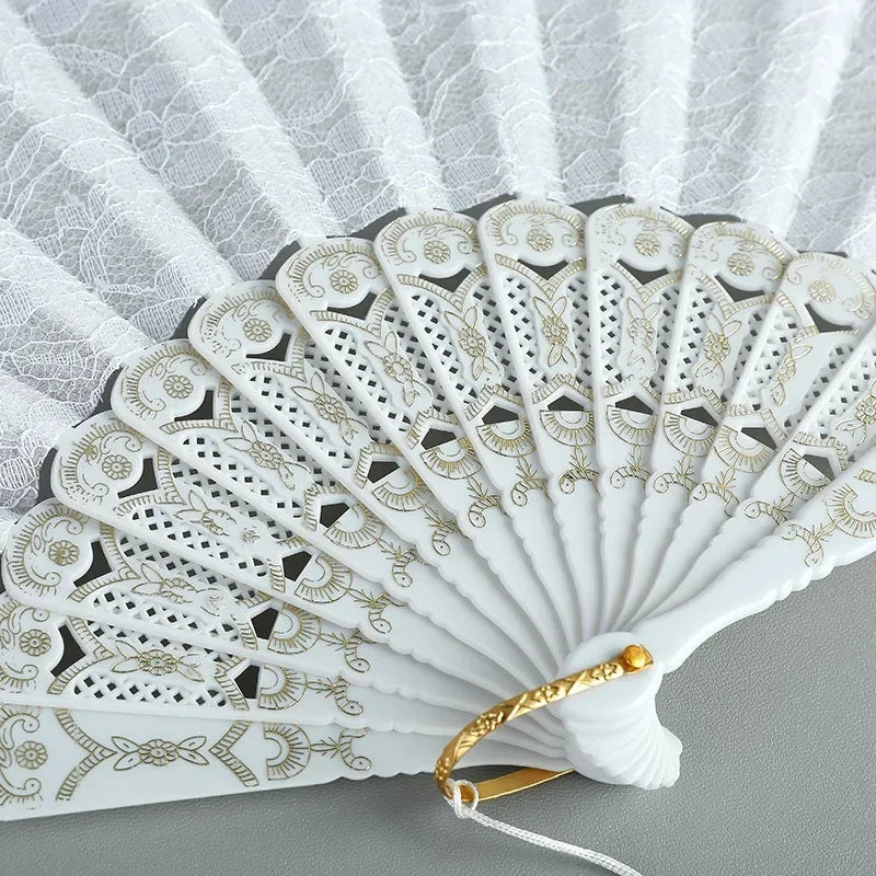 Luxury White Lace Folding Fan Double-layered Plastic Wedding  Home Decorative Fan Ancient Bride Hand Fan