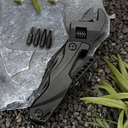 This mini multi-functional tool combines a wrench, screwdriver, folding knife, and saw, making it suitable for outdoor activities and household tasks. It's a convenient combination of essential hand tools