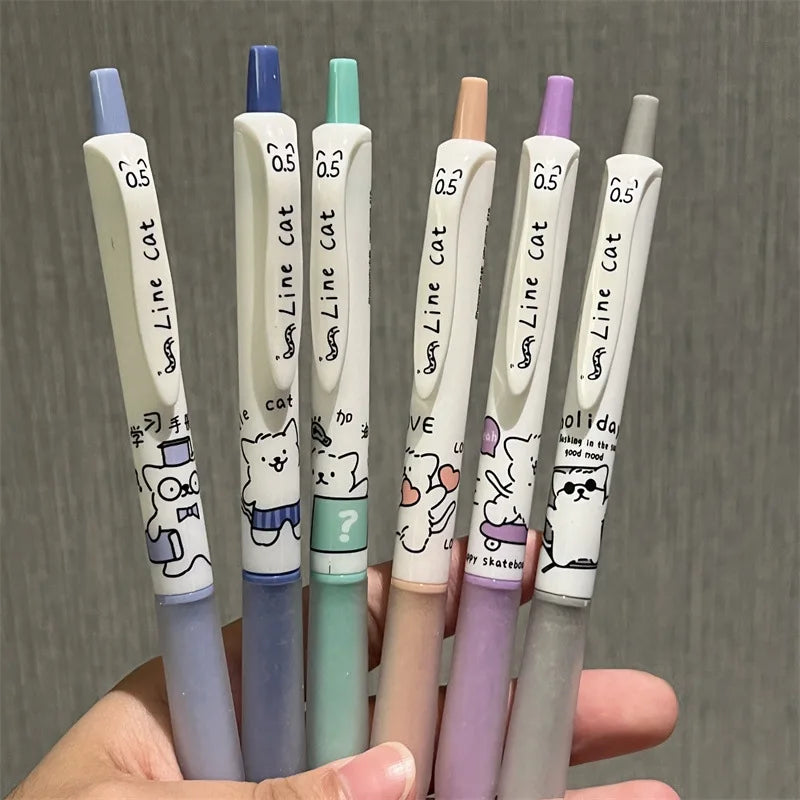 6pcs Cute Pens Black Ink Pen Set Kawaii Kitten Quick-Drying Gel Pen Office Accessories Stationery Supplies Aesthetic Stationery