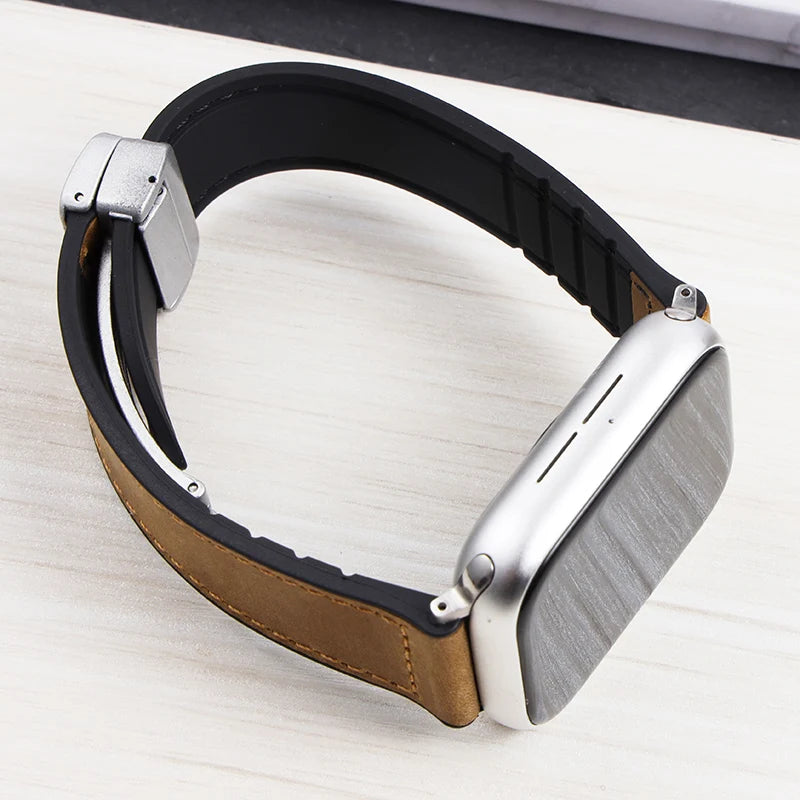 Magnetic Fold Buckle Silicone Leather Compound Watch Strap For 42/44/45mm Waterproof Sweatproof Anti-stick Silicone Watch