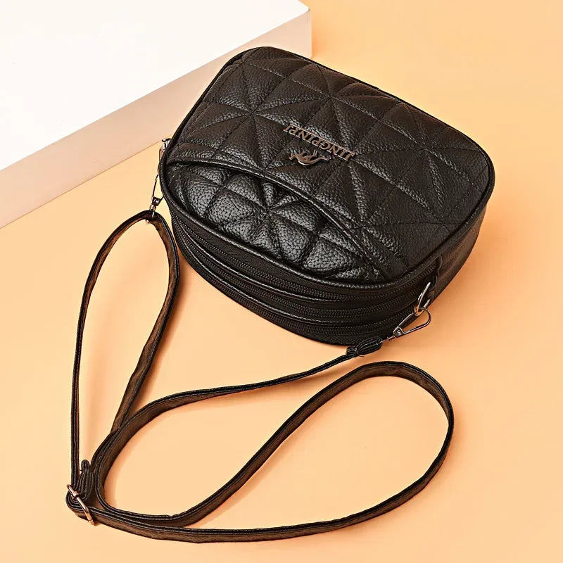 Small Round Crossbody Bag 2024 New Soft Leather Women's Middle-aged Mother's Handbag Three-layer Single Shoulder Messenger Bag