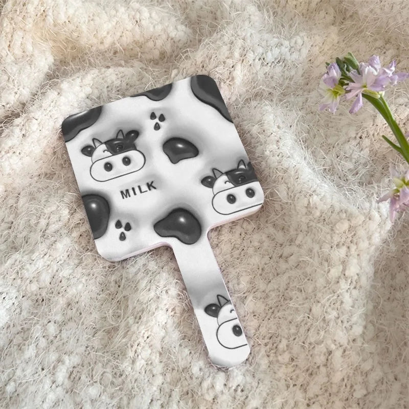 Creative Cow Handheld Cosmetic Monitor Girls Carry Portable Small Mirror Square Handle Makeup Mirror Exquisite Cow Handle Lens