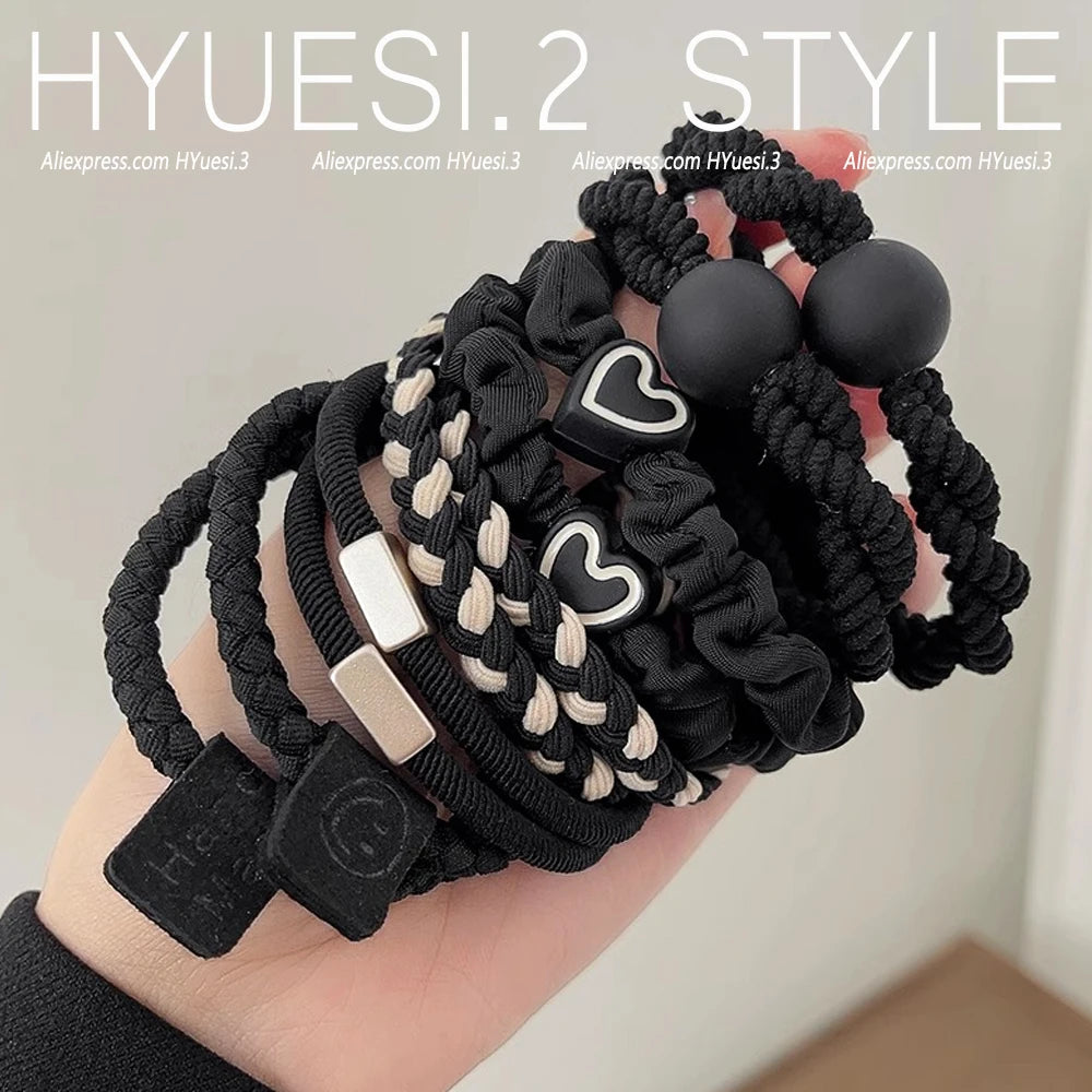 5pcs/Set Simple Heart Ball Charms Scrunchie No Damage Elastic Braided Hair Ties Ropes Women Girls Ponytail Holder Rubber Bands