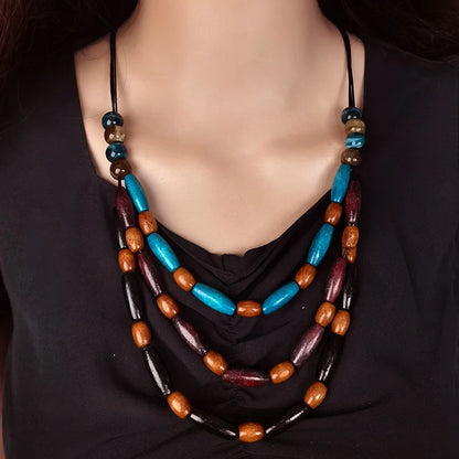 Bohemian Ethnic Wood Beads Multi Layers Necklaces Pendants Handmade Vintage Necklace for Women Daily Wear Fashion Jewelry