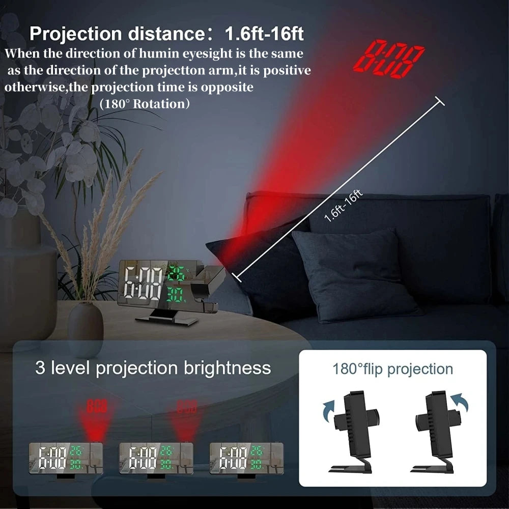 180° Arm Projection Digital Alarm Clock Temperature Humidity Night Mode Snooze 12/24H USB Plug-in Projector Table LED Clock