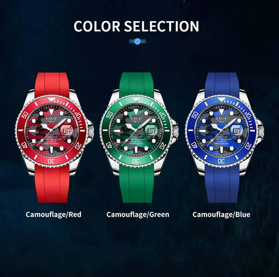 LIGE New Fashion Mens Watches Top Brand Luxury Camouflage Quartz Wrist Watch Man Sport Red Silicone Watch for Men Reloj Hombre