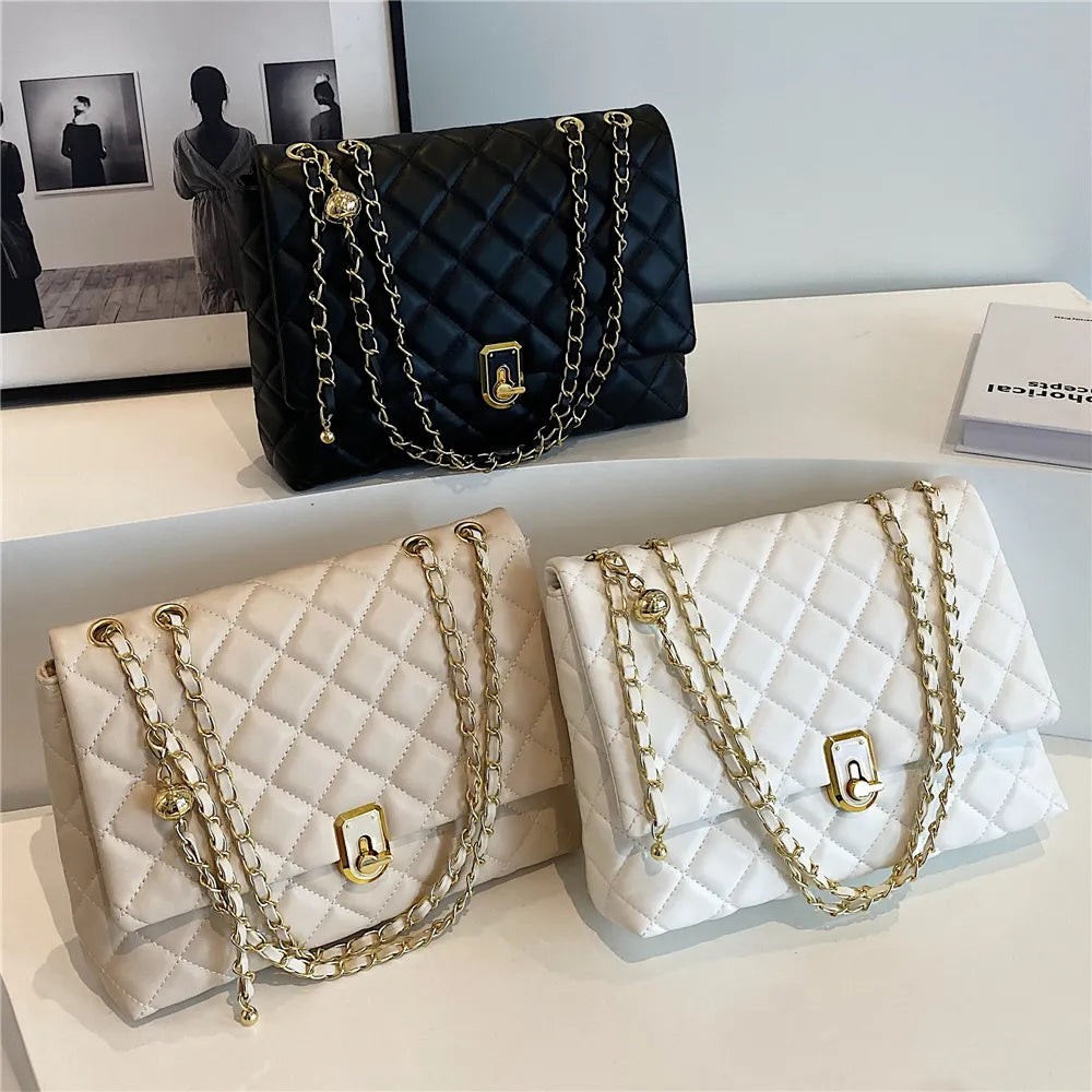 Burminsa Quilted Large Chain Shoulder Bags For Women 2024 Trend Designer Crossbody Bags PU Leather Ladies Handbags Black White