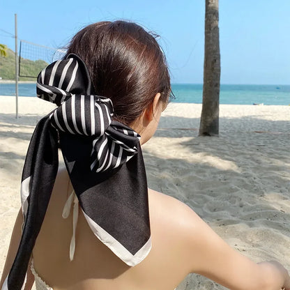 New Silk Scarf 90x90 Square Scarf Women's Spring and Summer Fashionable Western Style Black Stripe Printed Silk Scarf Headband