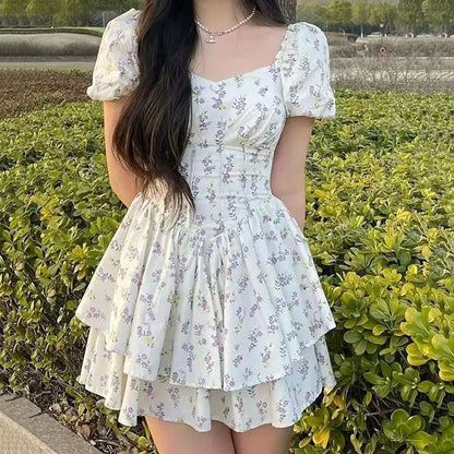 Dress Women Summer Party Dress Short Mini Puff Sleeve Sundress Kawaii Lovely Aesthetic Floral Dress Harajuku Female Clothing