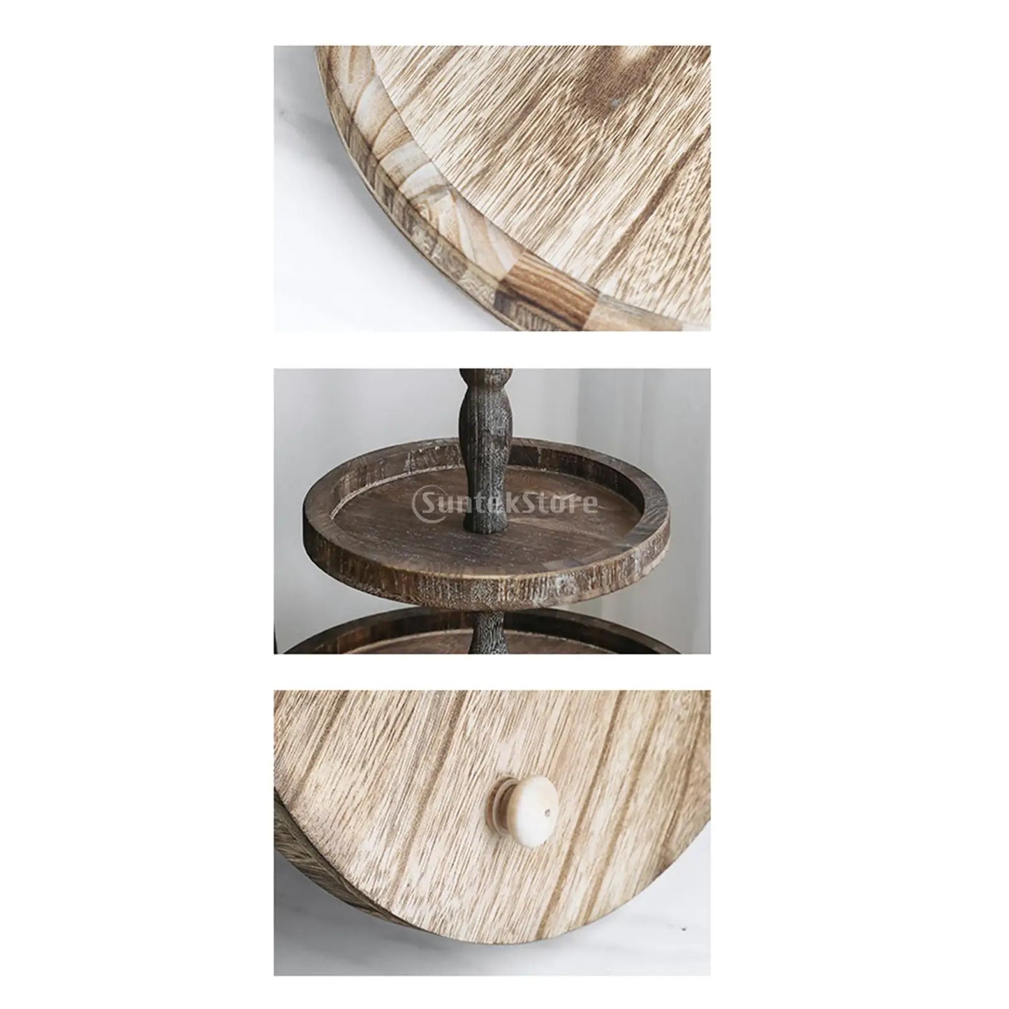 Multifunctional Round Wooden 2-Tier Serving Tray Stand Cake Candy Snack Dessert Storage for Home Table Decorative