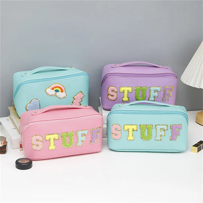 2024 New Women Waterproof Letter Skincare PU Leather Portable Makeup Cosmetic Toiletry Bag For Daily Use