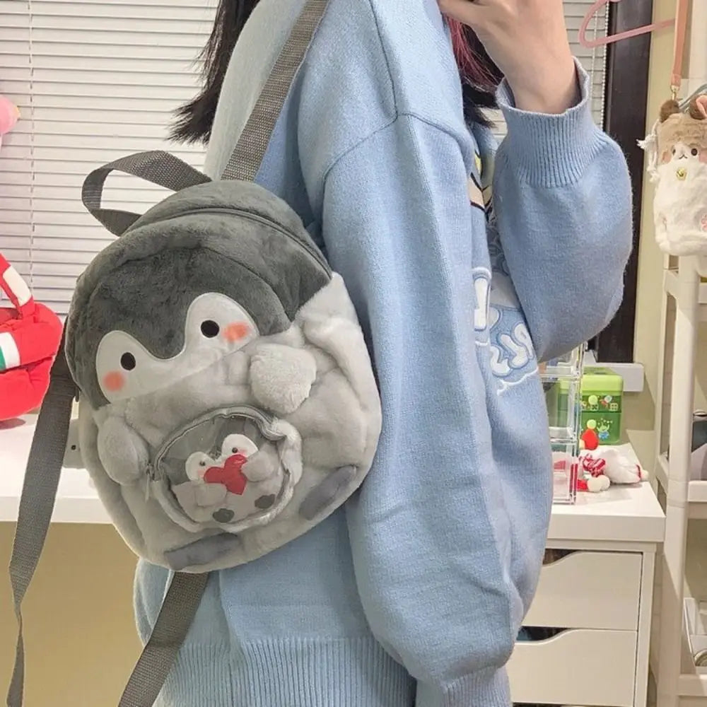 Transparent Plush Penguin Backpack with Pendant Large Capacity Children Schoolbag Coin Purse JK Lolita Cartoon Doll Bag Gift