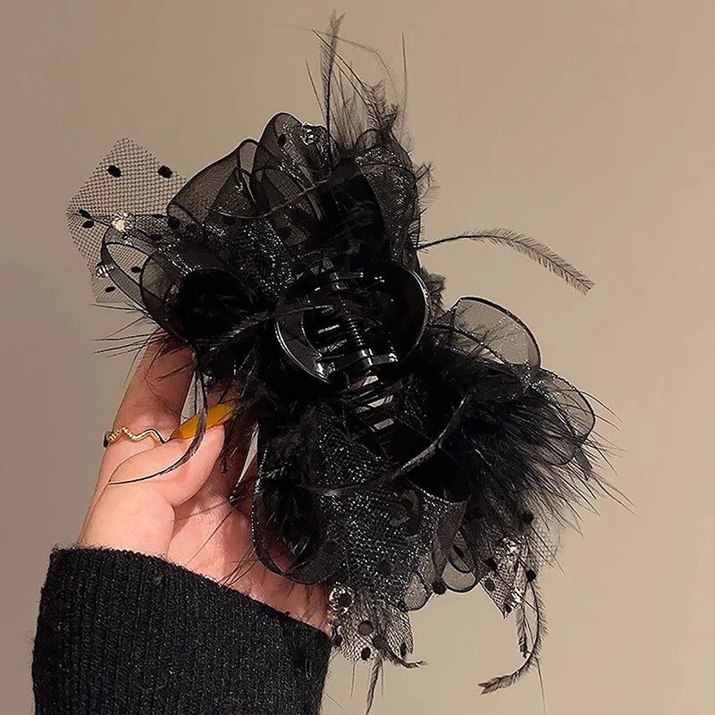 Romantic Black Lace Feather Big Bow Knot Hair Claw Fashion Advanced Sense Hairpins For Women Girls Shark Clip Hair Accessories