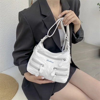 Small Soft Shoulder Bag Casual Women Bag Wash White Leather Crossbody Adjustable Multi-pocket  Ladies Pocket Bolsa De Ombro  New