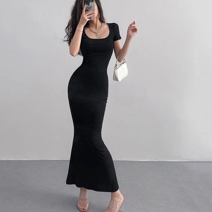 2024 Summer Solid Color Slim Long Dress Women Short Sleeve Skinny Bodycon Maxi Dresses Woman Square Collar Party Vestidos Mujer