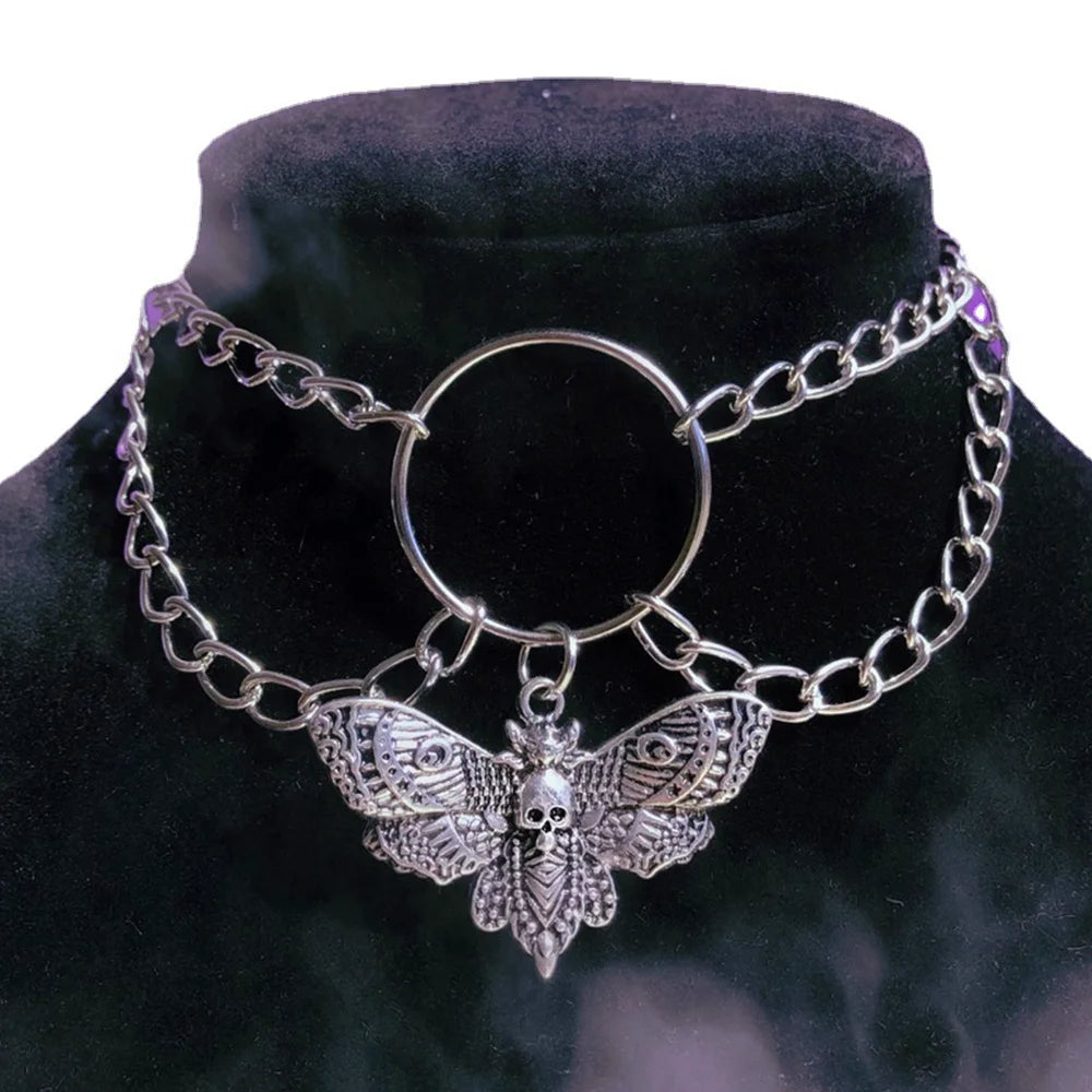 Gothic Choker for Women Men Silver Vintage Skull Pendant Necklace Trend Witch Jewelry Moth Charm Silver Chain Necklace New 2022