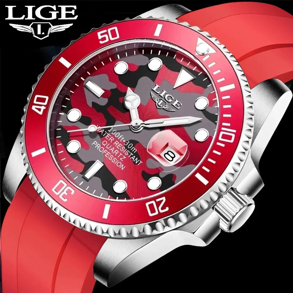 LIGE New Fashion Mens Watches Top Brand Luxury Camouflage Quartz Wrist Watch Man Sport Red Silicone Watch for Men Reloj Hombre