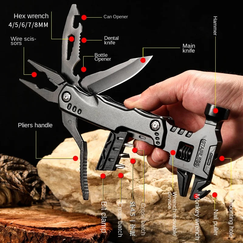 This multi-functional tool combines a wrench, hammer, folding pliers, and other EDC essentials into one convenient package. It's a versatile hand tool suitable for various tasks.