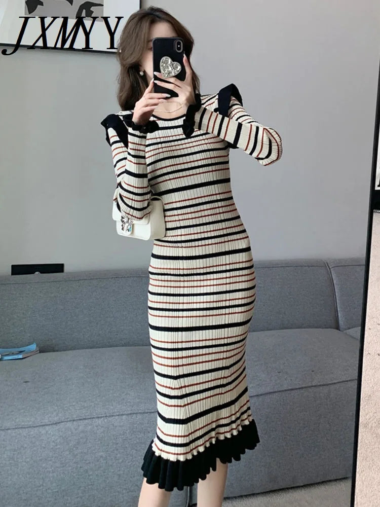 JXMYY Summer New Fashion Elegant Temperament Slimming Striped Color Collision Dress Fashion Sleeveless Bag Buttock Women's Wear