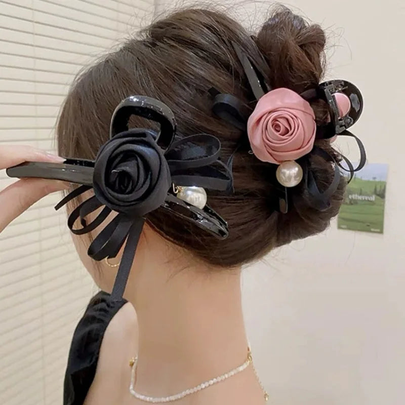 Rose Satin Grip Large Shark Clip Elegant High-Grade Finishing Hair Accessories Pinzas Para El Cabello  Заколка Для Волос 머리핀