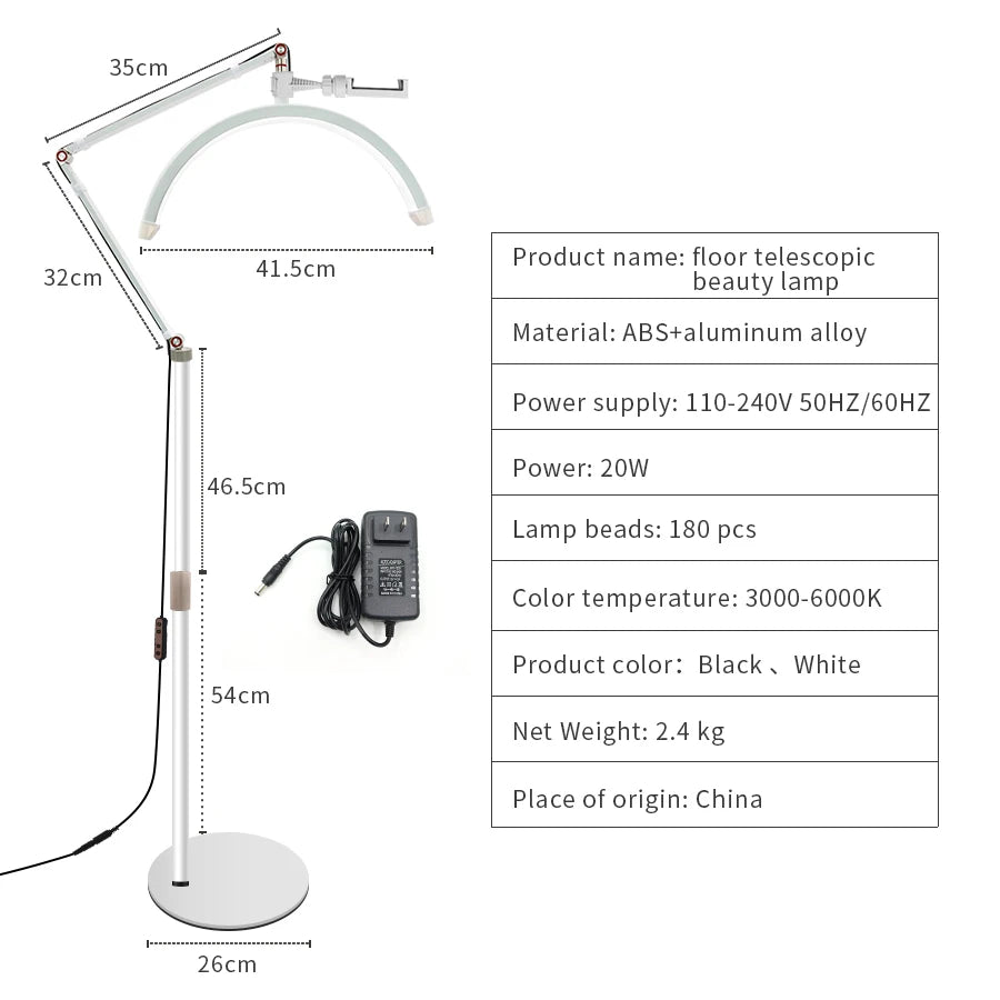 Modern 20W LED Half Moon Beauty Lamp Floor Mounted, Ideal for Eyebrow Tattoo, Beauty Salon, and Eyelash Extensions. Features Ring Moon Design