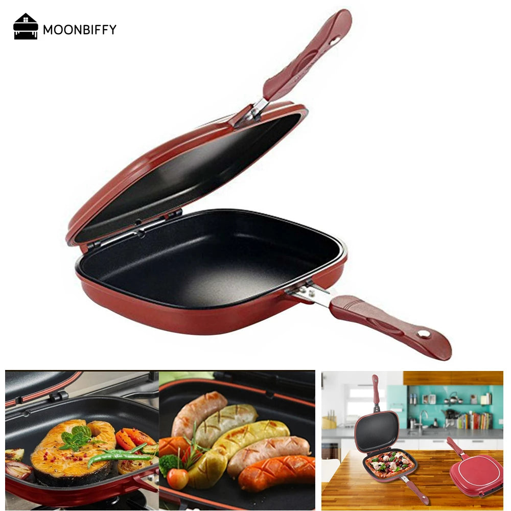 32CM/28CM Double-Sided Frying Pan Non-Stick Portable BBQ Grill Pan Flip Barbecue Cooking Tool Cookware Stove Cast Grill Cooker