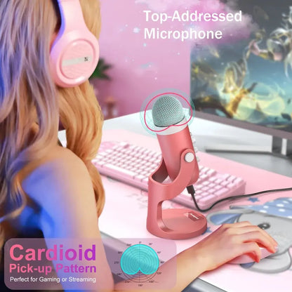 USB condenser microphone in pink, suitable for studio recording, gaming, streaming, podcasting, and vocals on various devices such as PC, Mac, computers, phones, laptops, and desktops.