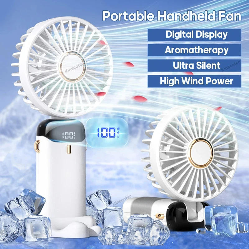 Handheld Mini Electric Fan Portable Foldable Neck Fan USB Rechargeable 5-speed Fan with Phone Holder and Display