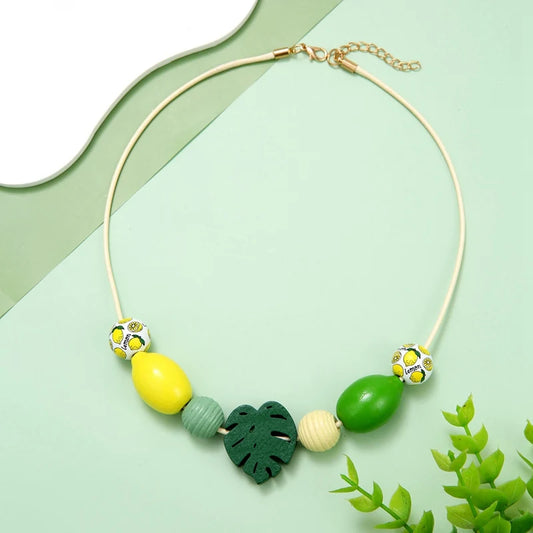 Handmade Vintage Wooden Statement Bib Necklace with Fruit Lemon Pendant for Women Party Jewelry