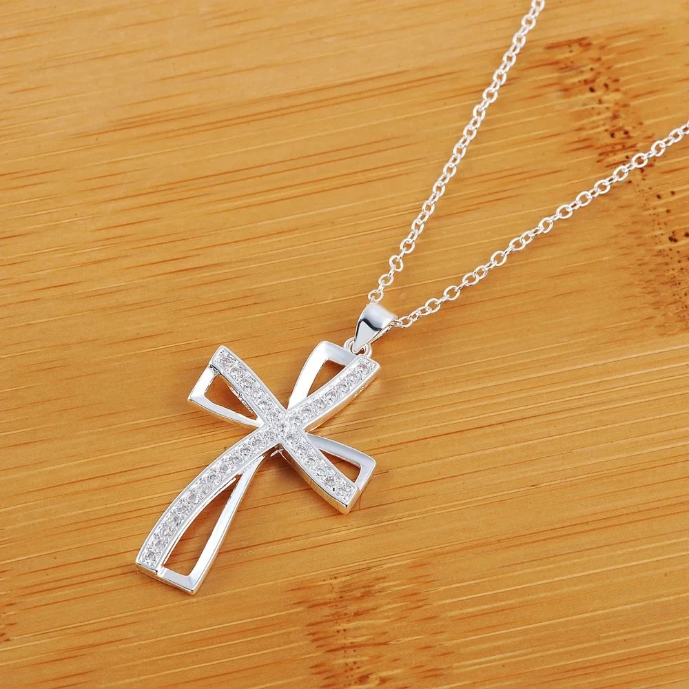 Promotions 45cm 925 sterling silver necklace charm for women cyrstal Cross pendant chain jewelry fashion cute wedding party