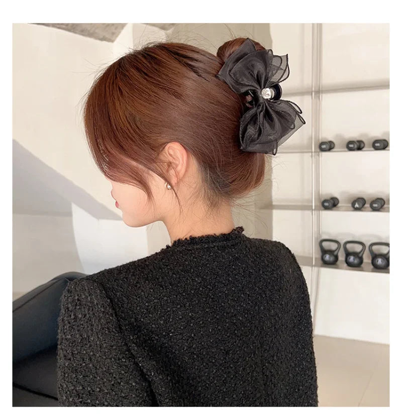 Korea Sweet Mesh Tulle Big Bow Hair Claw Clips for Women White Black Bowknot Hair Clamp Hairpin Headdress Accessories Shark Clip