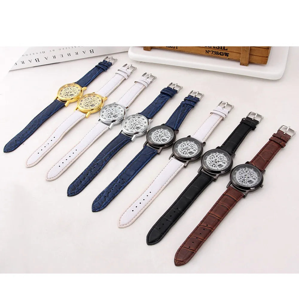 Mens Luxury Leather Band Quartz Hollow Watches Military Sport Wrist Watch Men Formal Business Quartz Watch Clock Relogio